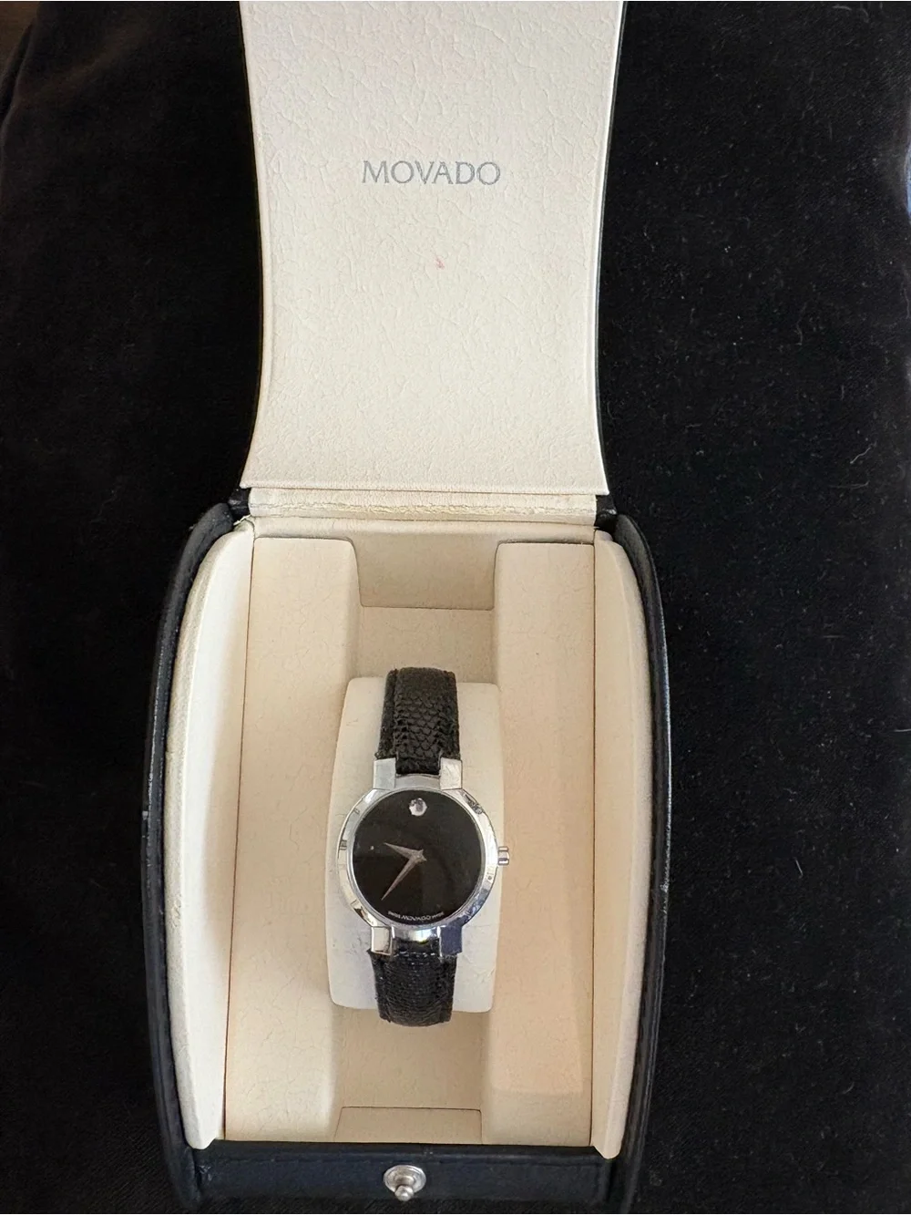 Movado Black Dial Silver-Tone Case Women’s Watch with Black Snake Leather Strap